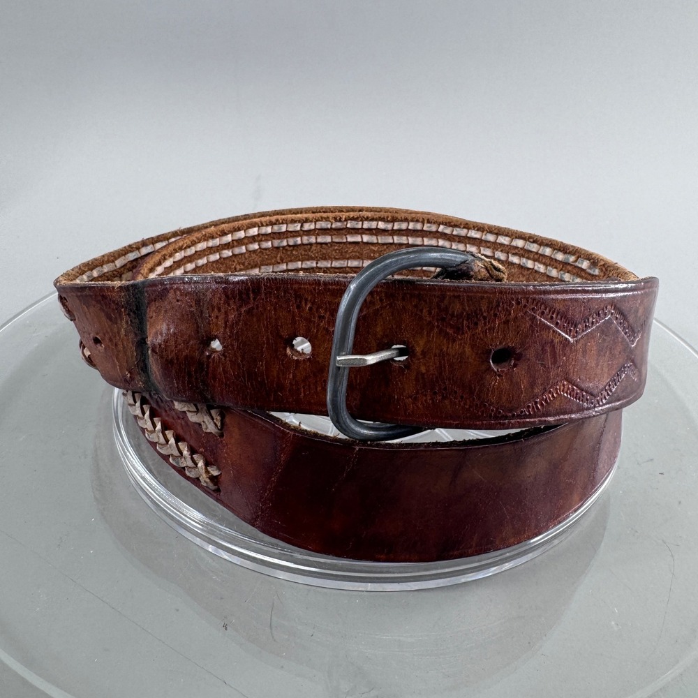 Mens Western Brown Tan Leather Whipstitch Braided Belt Size 42 Western Cowboy